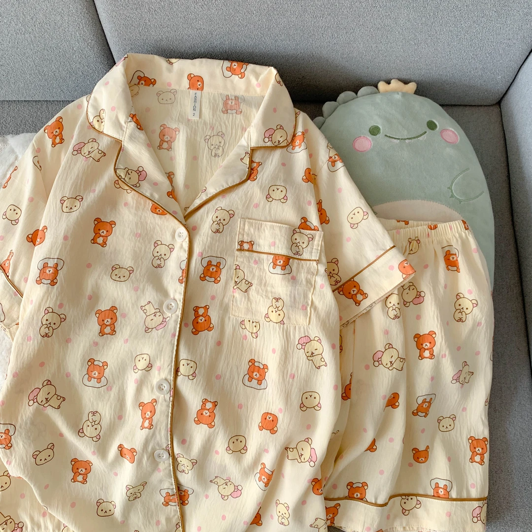 夏季新款透气舒适卡通ins休闲云朵棉翻领短袖短裤少女睡衣家居服