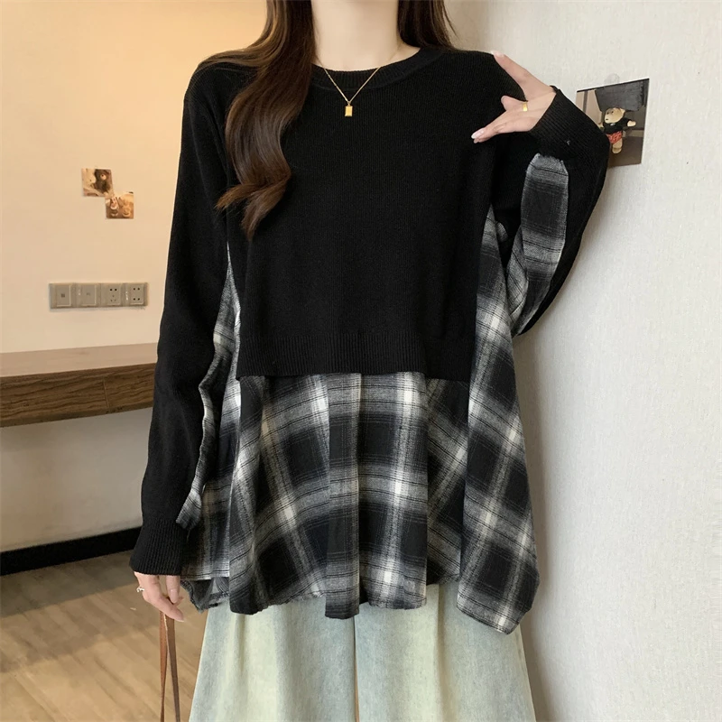 大码胖mm设计感拼接显瘦假两件针织衫女秋季新款百搭遮肚宽松上衣