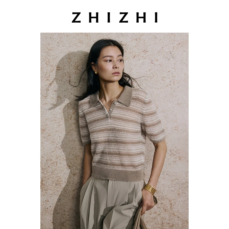 【橱窗】致知 折丹桂 小翻领条纹短袖针织衫25秋学院风ZZ2EAKZL018
