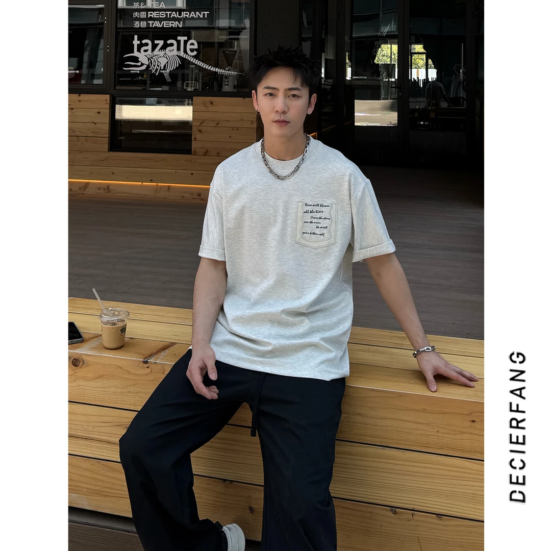 美式字母口袋运动宽松半袖T恤早春简约百搭短袖