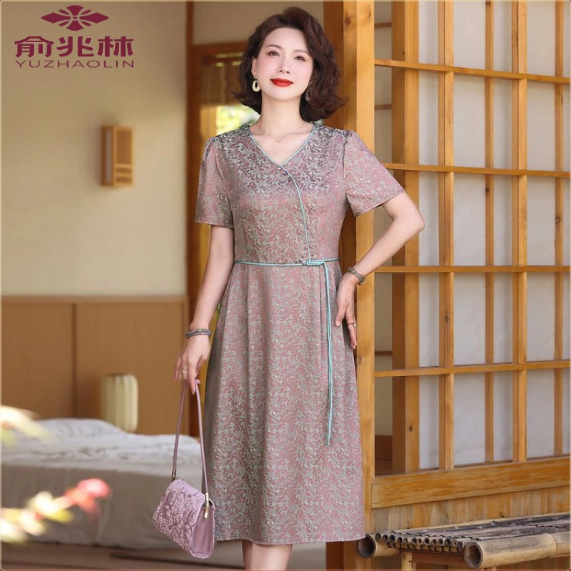 俞兆林夏季妈妈装国风漂亮新中式清凉连衣裙收腰阔太太中老年女装