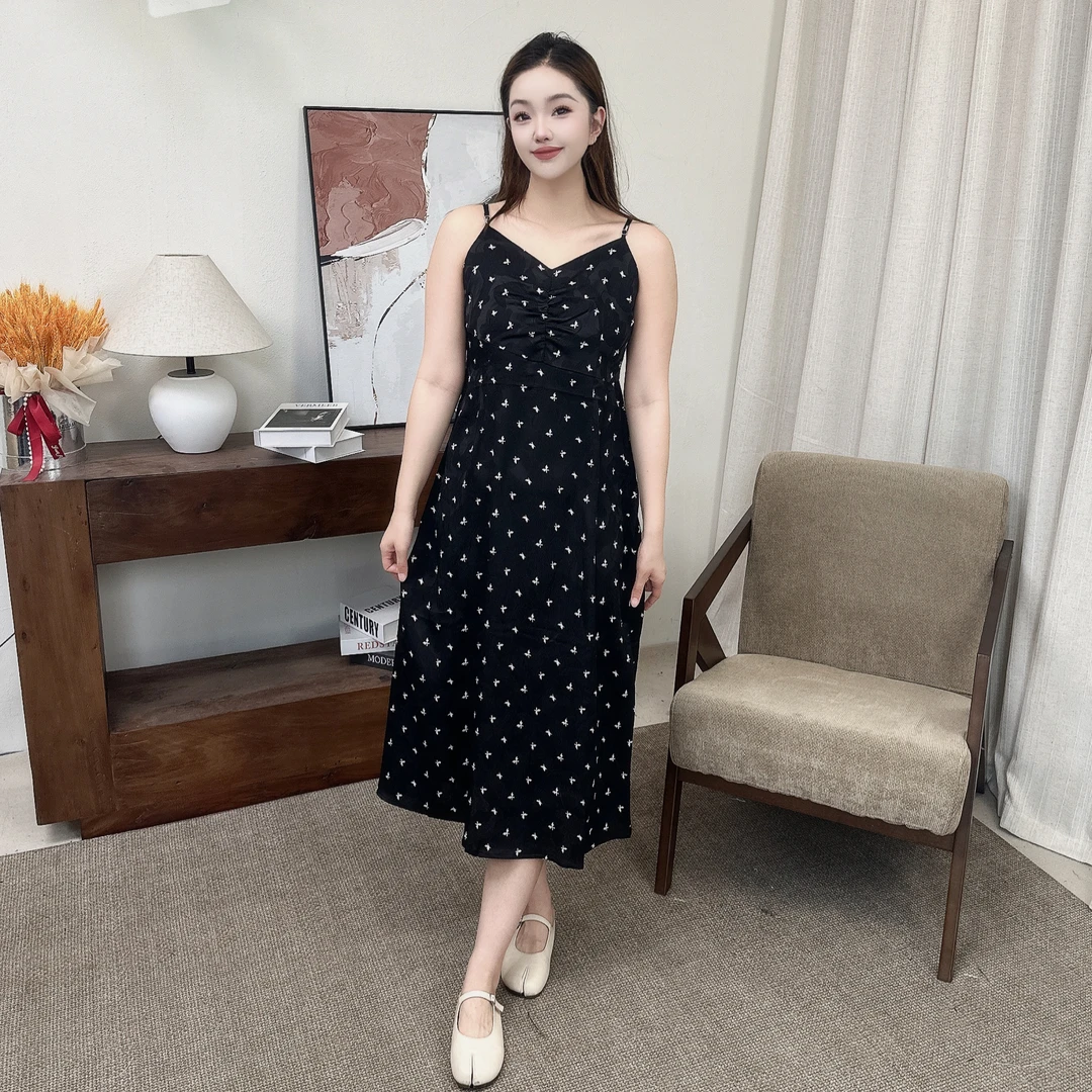 胖mm大码V领蝴蝶结印花吊带连衣裙夏季无袖显瘦气质中长裙