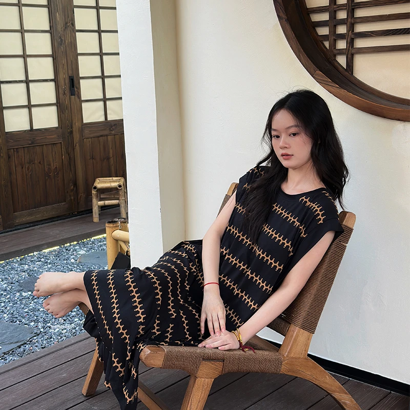 睡裙女款夏季莫代尔棉薄款无袖背心条纹连身裙子带胸垫睡衣家居服