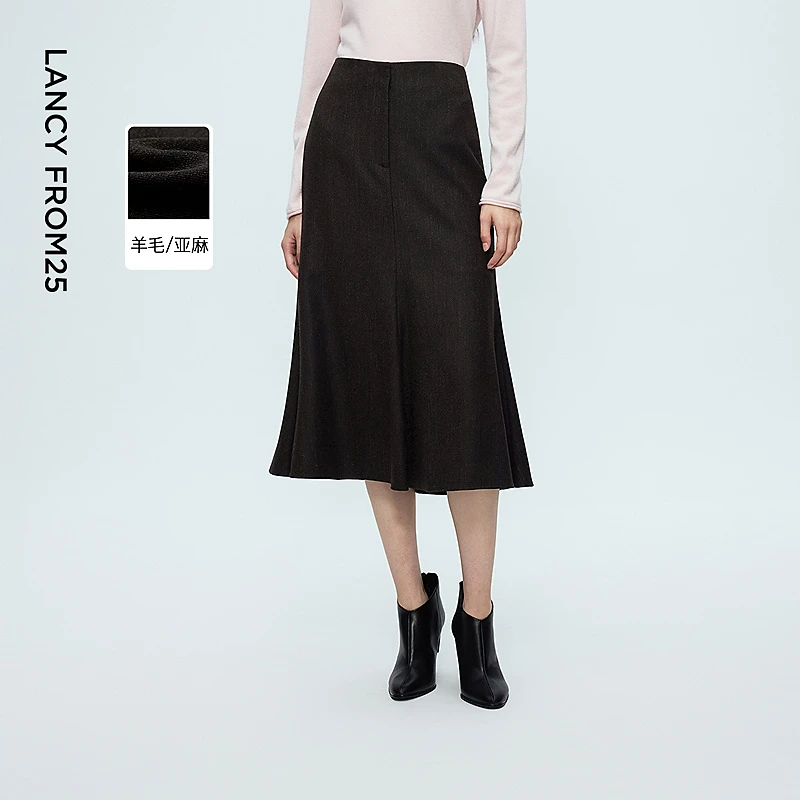 朗姿设计感绵羊毛百搭A摆鱼尾裙女半身裙通勤ol裙2025年冬季新款