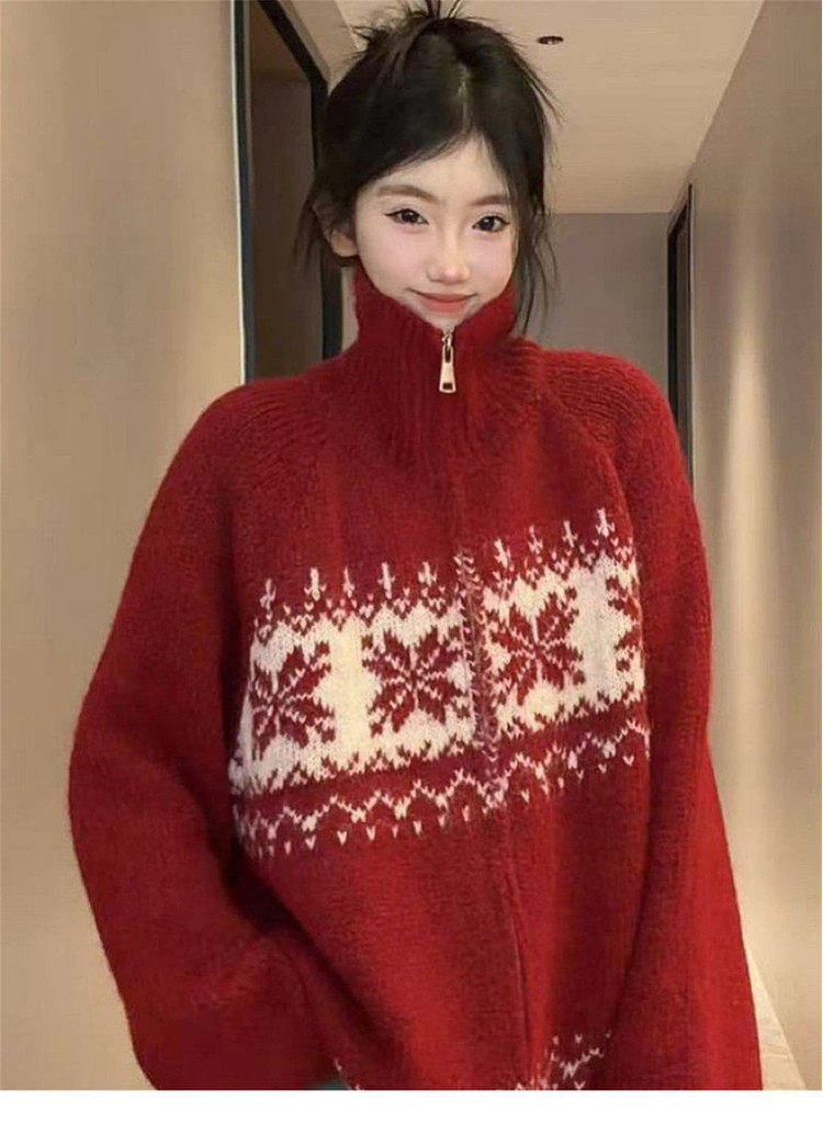 费尔岛红色新年毛衣女秋冬季2025新款圣诞穿搭慵懒风针织开衫外套