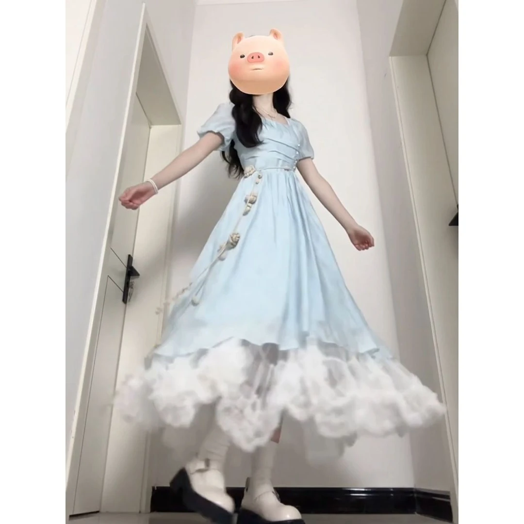 文艺复古风中国风女学生2025年春季新款中长款收腰显瘦过膝蓝色