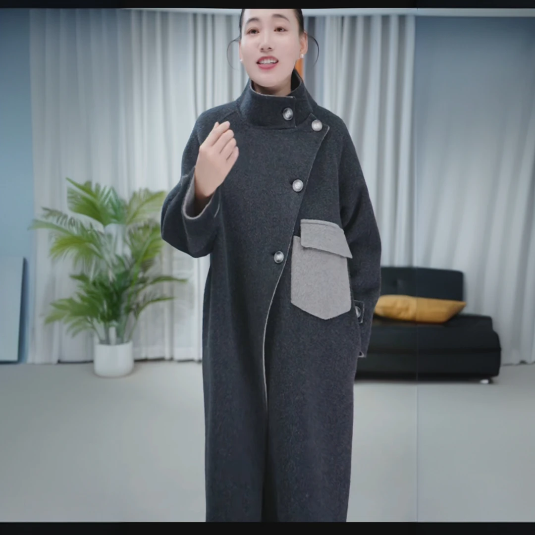 25906 韩版宽松复古经典百搭设计双面呢简约时尚立领长款羊毛大衣