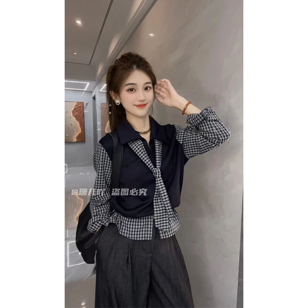 时尚长袖衬衫女2025秋季新款洋气显瘦格子拼接假两件休闲百搭上衣