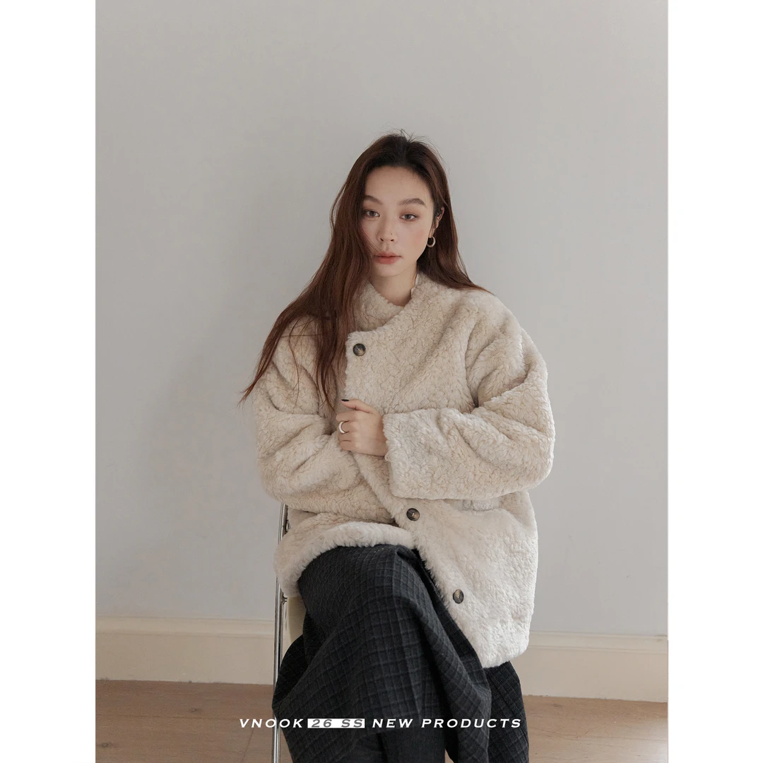 vnook高质感韩系超好看毛毛外套女秋冬中长款皮毛一体羊羔毛外套