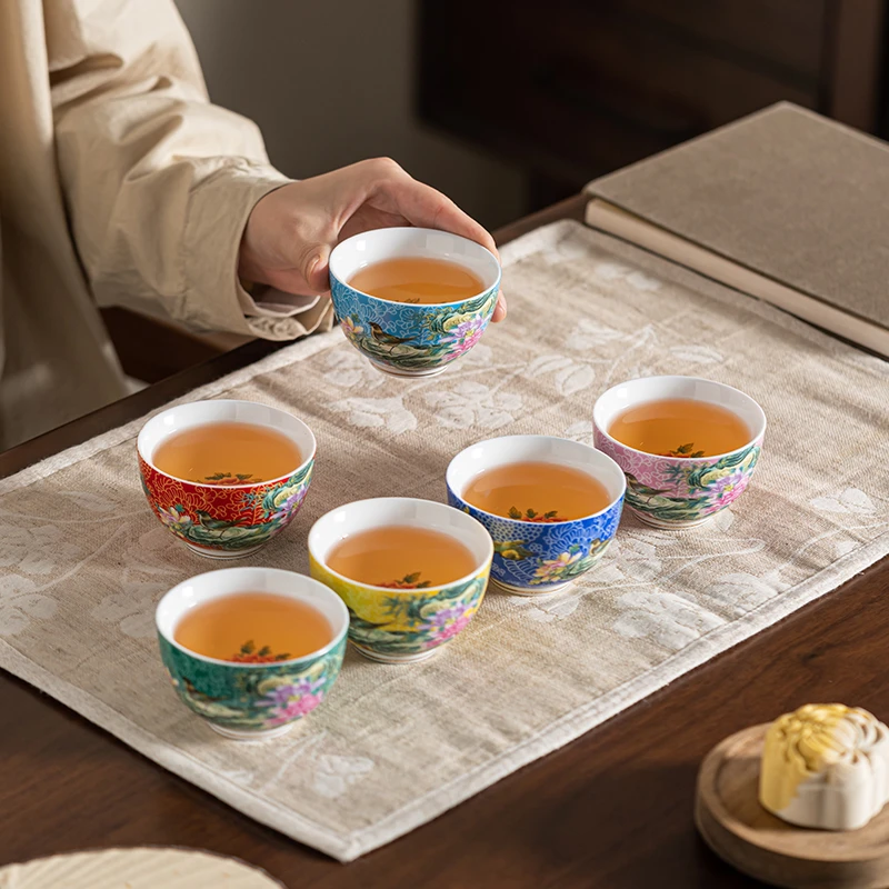 中式珐琅彩茶杯扒花陶瓷功夫茶具手工精品礼盒主人杯品茗单杯套装