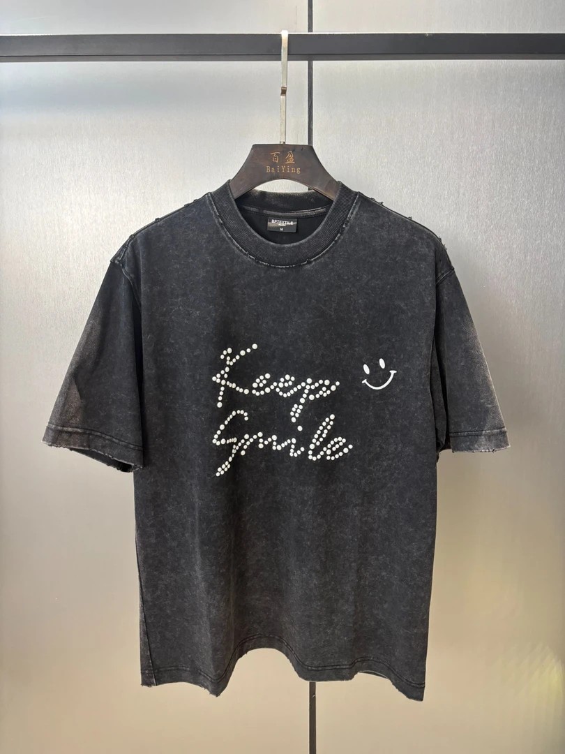 【珍珠笑脸380g】潮牌男女同款水洗割破重磅小领口百搭半袖T恤008