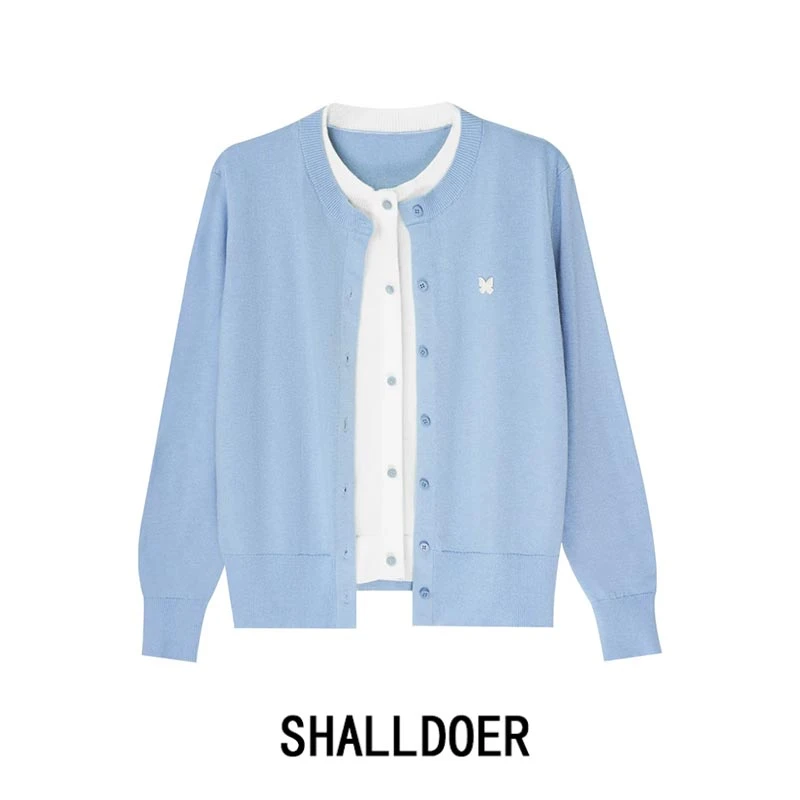 韩版时尚休闲百搭针织衫女2025年春季新款气质圆领假两件毛衣开衫