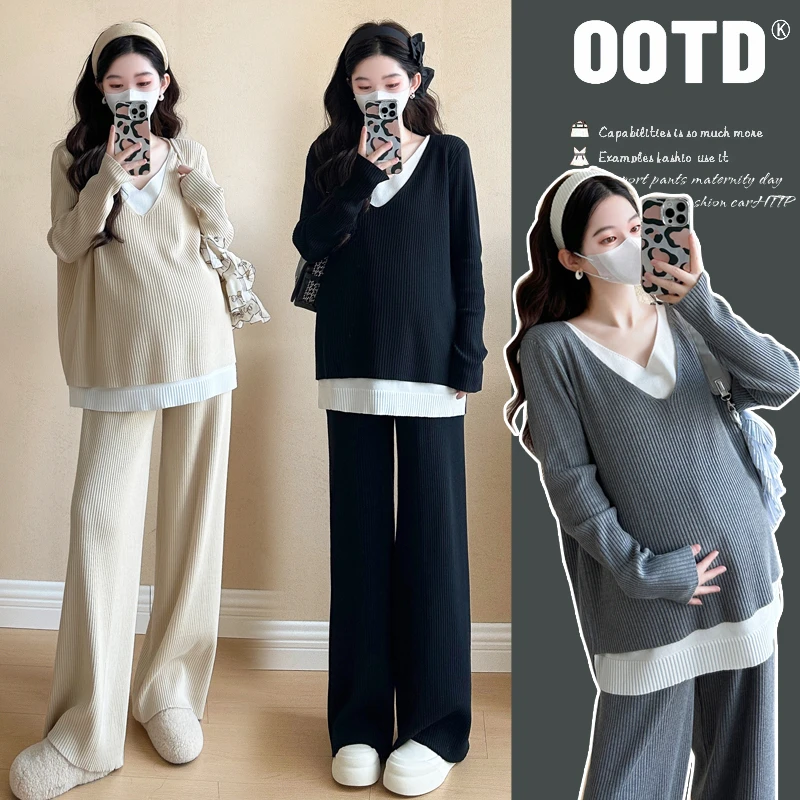 孕妇春装2025新款长袖假两件上衣裤子两件套春秋季套装孕妈高级感