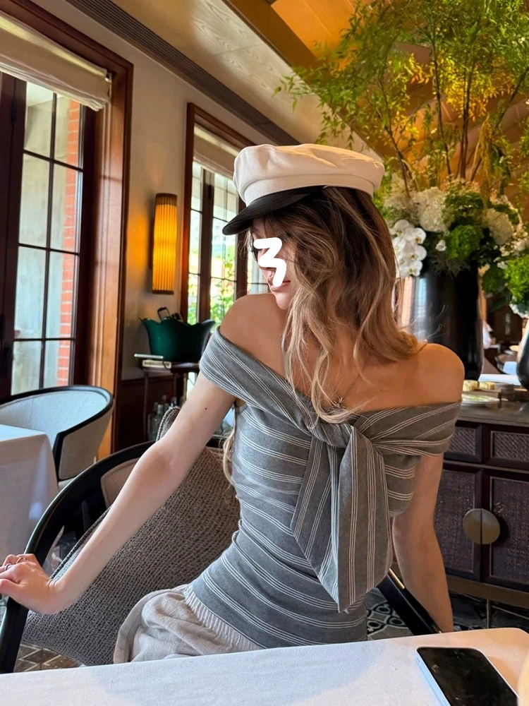 韩版多穿设计感扭结一字肩条纹修身T恤女无袖背心上衣短袖