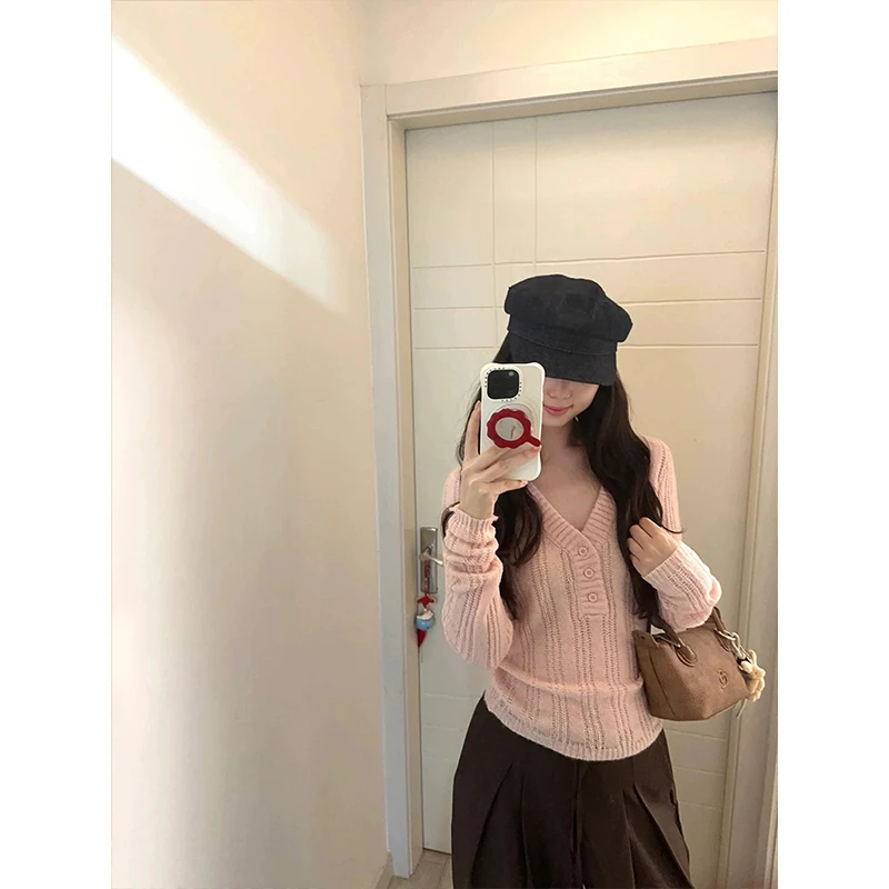 Moses Queen/魔西女王miu系镂空V领毛针织衫藕粉修身温柔长袖毛衣