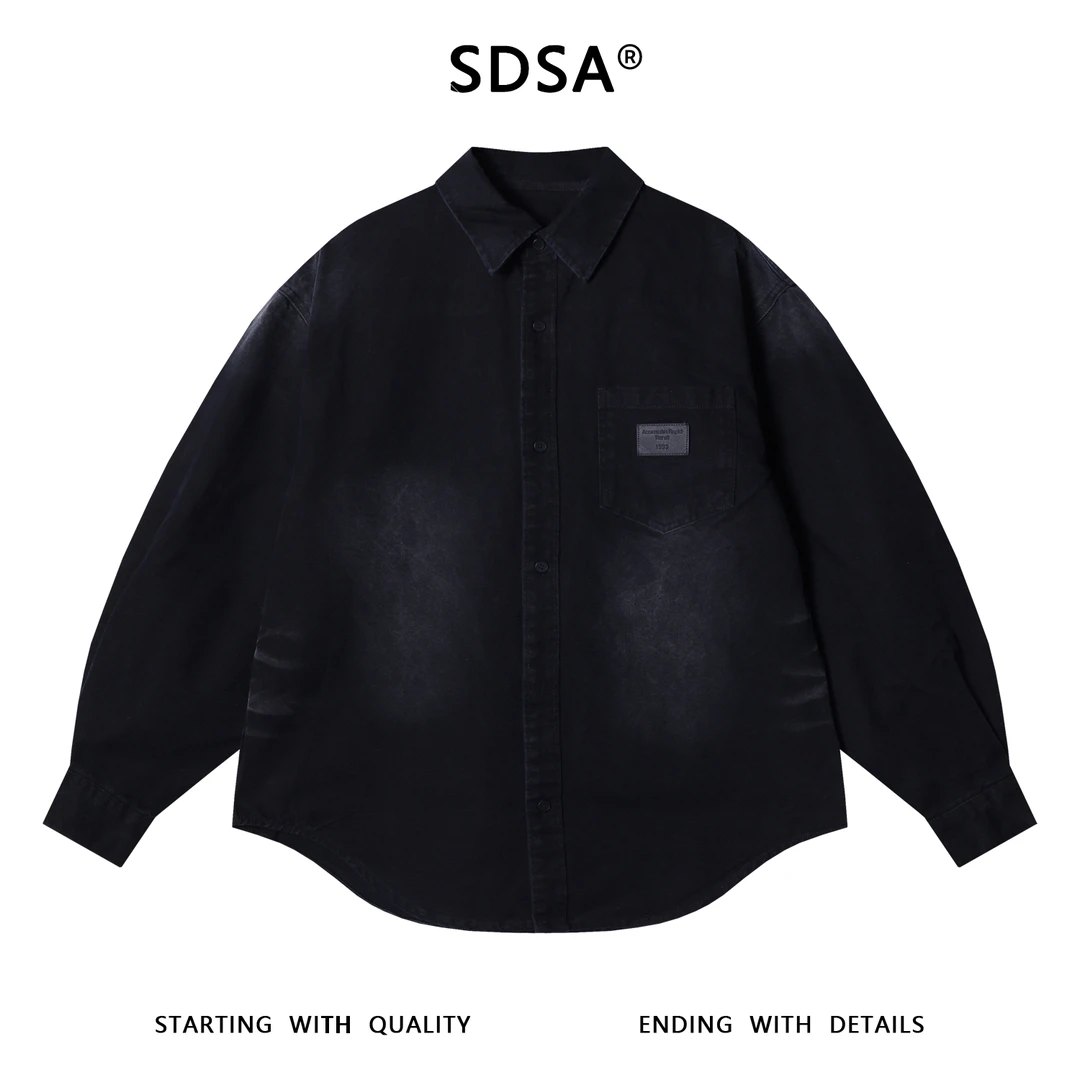 SDSA男士秋冬新款痞帅男装时尚韩版做旧纽扣翻领牛仔长袖衬衫百搭