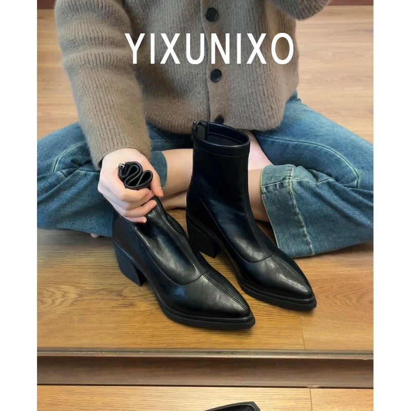羊皮版~真皮法式复古显瘦短靴女尖头气质瘦瘦靴后拉链粗跟马丁靴