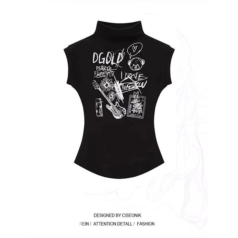 甜辣风正肩无袖半高领T恤女夏收腰显瘦可爱小熊辣妹短款上衣P1011