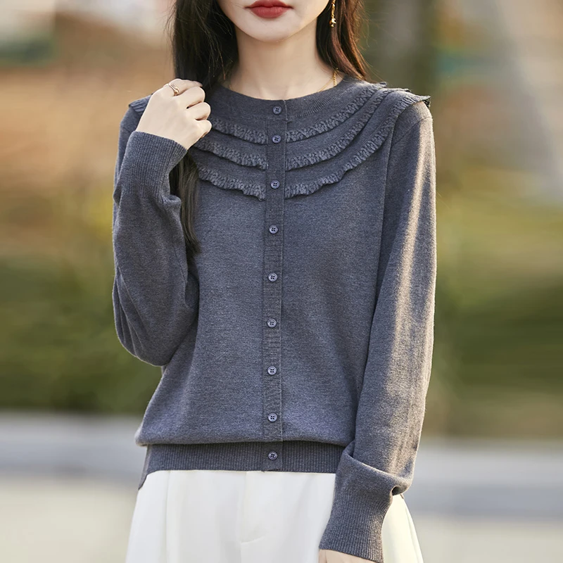 花边圆领针织衫春秋长袖上衣秋装2025年新款洋气妈妈打底毛衣秋冬