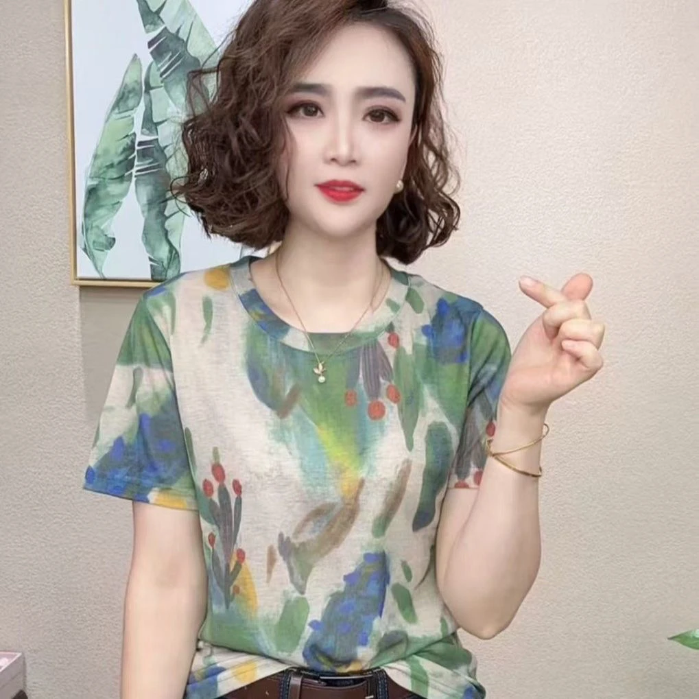 2025夏季新款时尚百搭圆领宽松显瘦晕染印花短袖T恤女洋气上衣潮