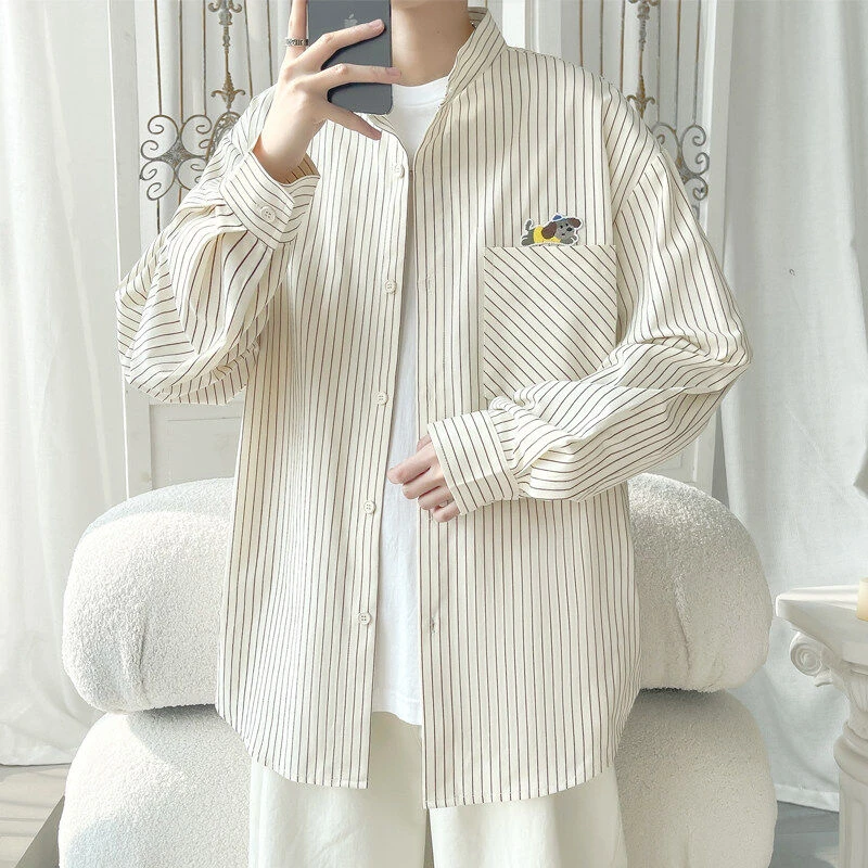 春季新款大码条纹立领长袖衬衣男士宽松港风休闲百搭衬衫学生外套