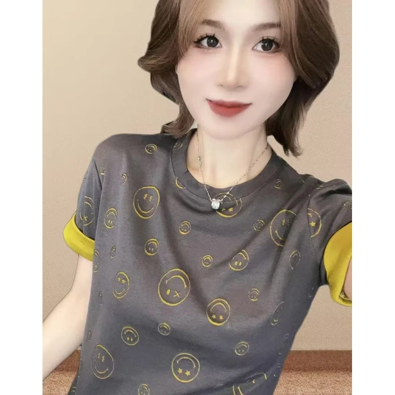 上衣设计感拼接印花短袖夏季恤女2025年新款 圆领洋气笑脸T恤5001
