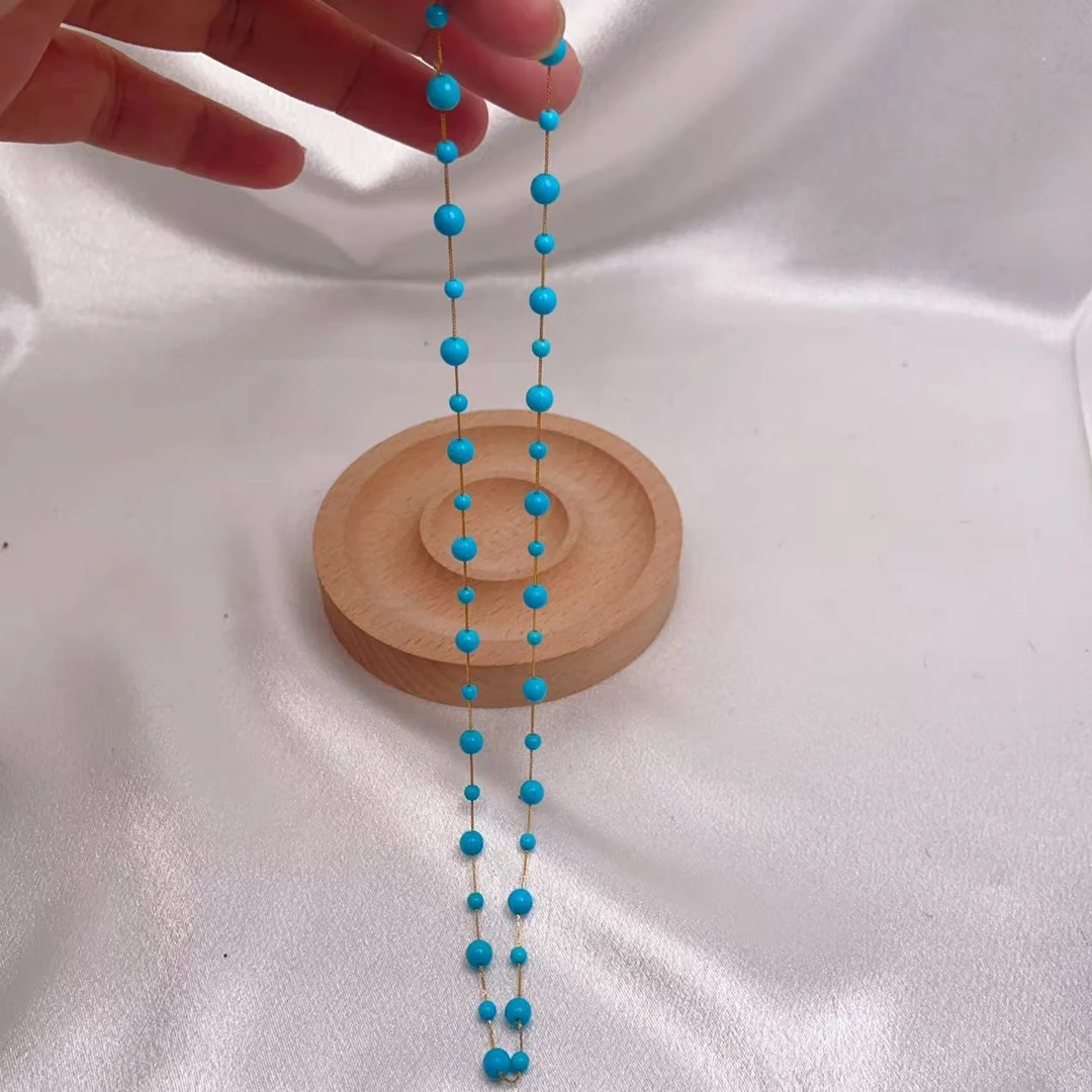 天然睡美人矿区顶瓷顶蓝绿松石圆珠18k金满天星项链珠径3.5-5m+