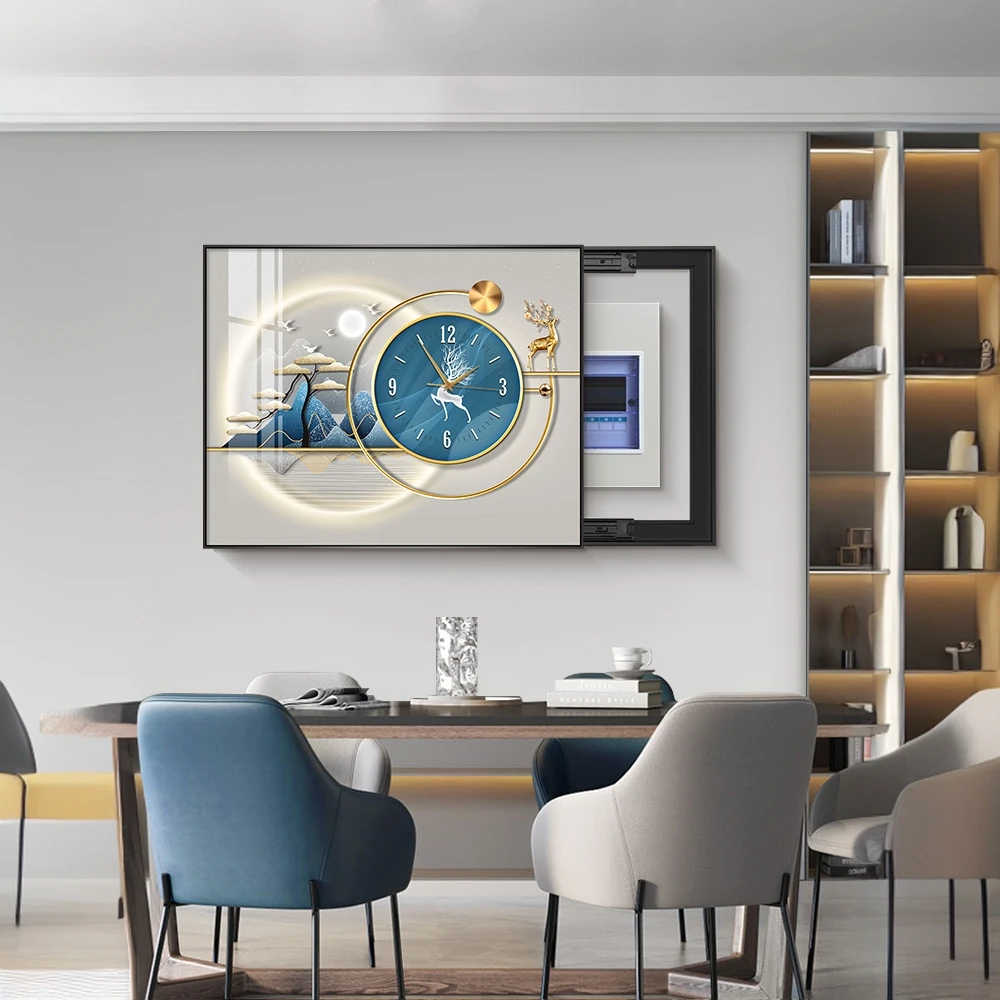 北欧轻奢电表箱装饰画带钟表新款弱电箱遮挡时钟免打孔开关盒挂画