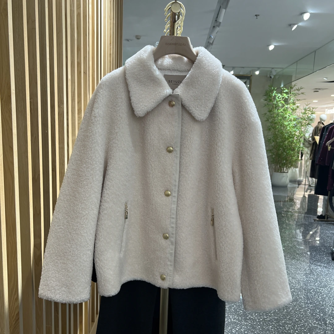 声雨竹6FR59翻领女冬季秋季常规款短外套秋冬女装白色颗粒毛外套