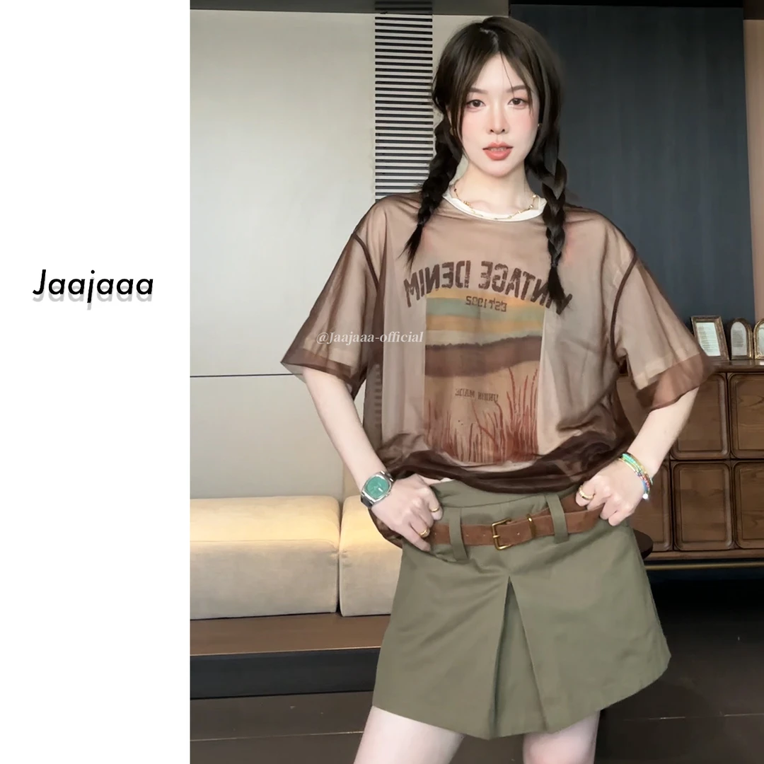 Jaajaaa云纱织夏   时尚百搭圆领宽松显瘦拼接网纱短袖T恤/EEBA