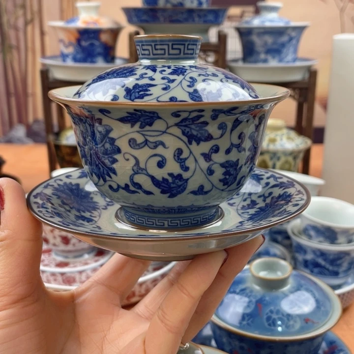 陶摆件老陶泥缠枝莲元宝盖碗