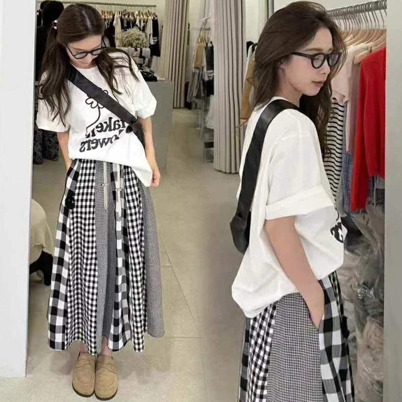 孕妇装 孕妇夏季新款印花T恤＋拼接格子半身裙套装女