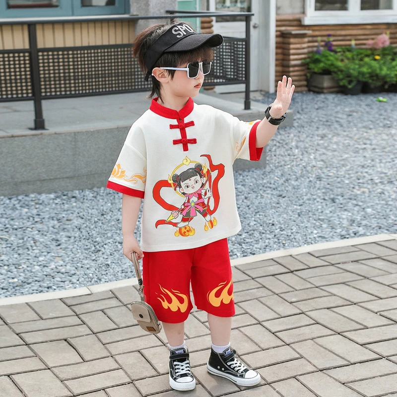 哪吒衣服男童汉服短袖套装2025款宝宝中式国风唐装夏季表演服