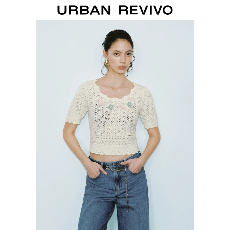 UR2025春季新款女装欧若风时尚肌理镂空立体花朵针织衫UWG950085