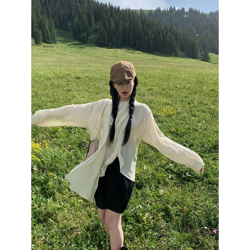 任小艺早秋新款法式衬衫女长袖荡领衬衣设计感小众氛围感飘带上衣