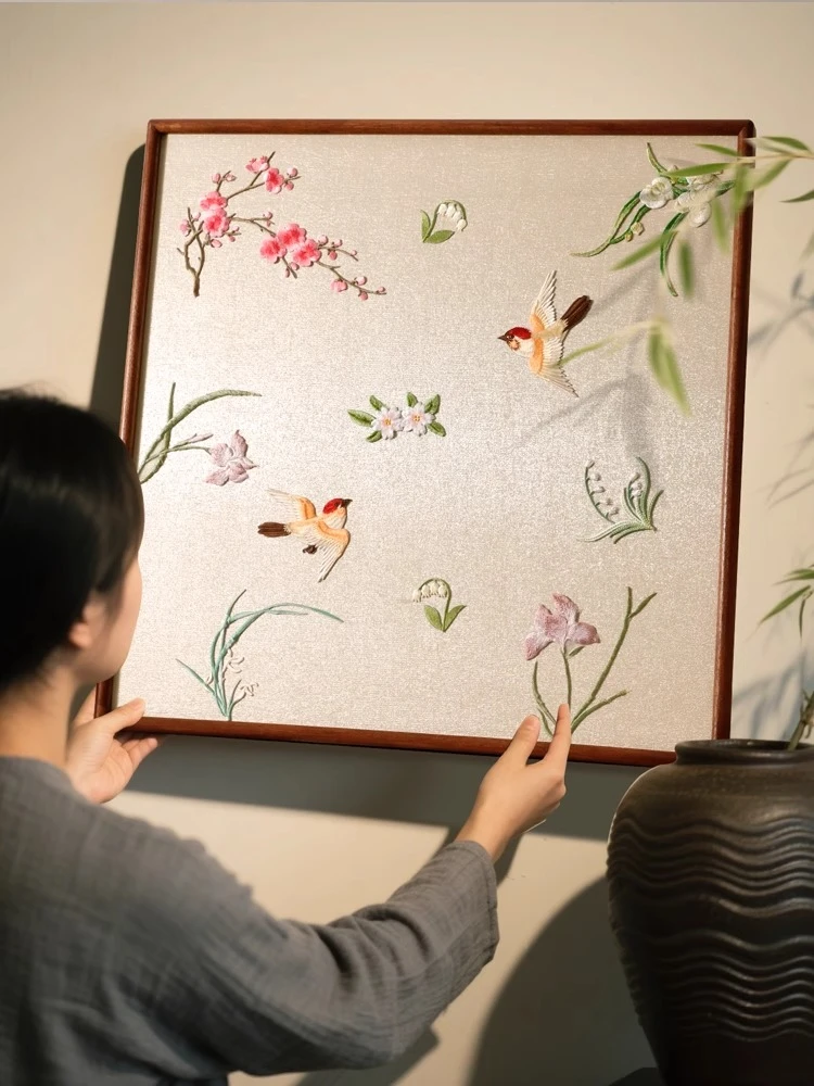绣羽繁花 老钱风玄关宋代美学书房茶室立体花鸟壁画高档实木挂画