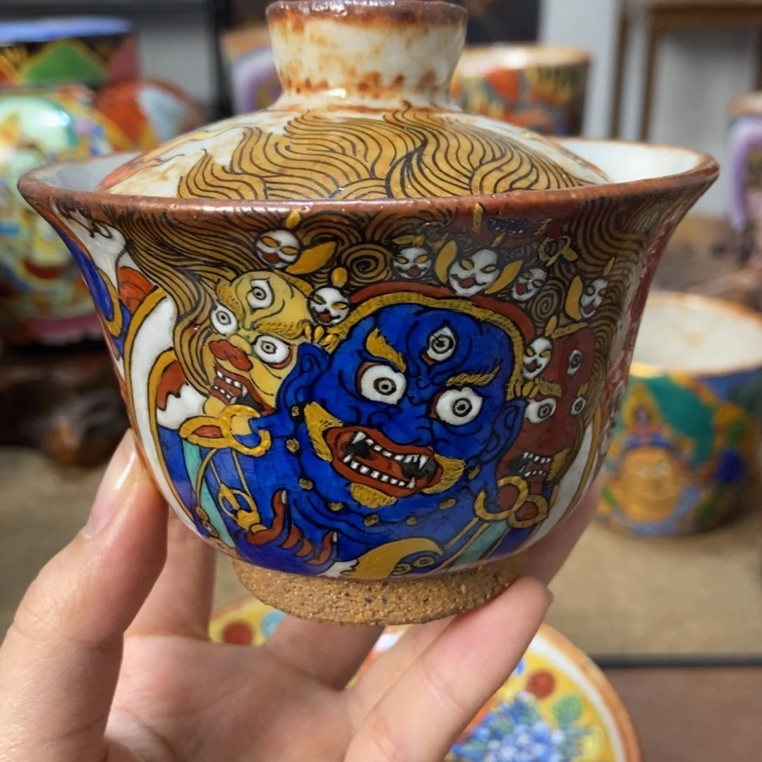 手工绘画大黑天盖碗