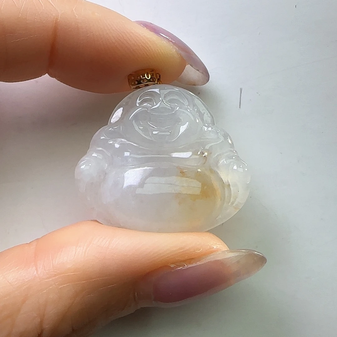 翡翠18K金镶嵌颈饰天然缅料A货 肚里藏金佛公