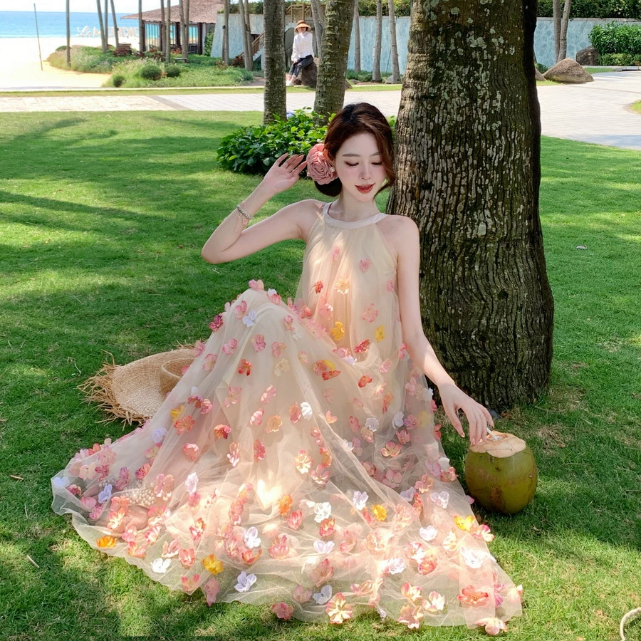 挂脖夏季法式连衣裙沙滩裙 露背高腰显瘦裙子森系长款仙女裙