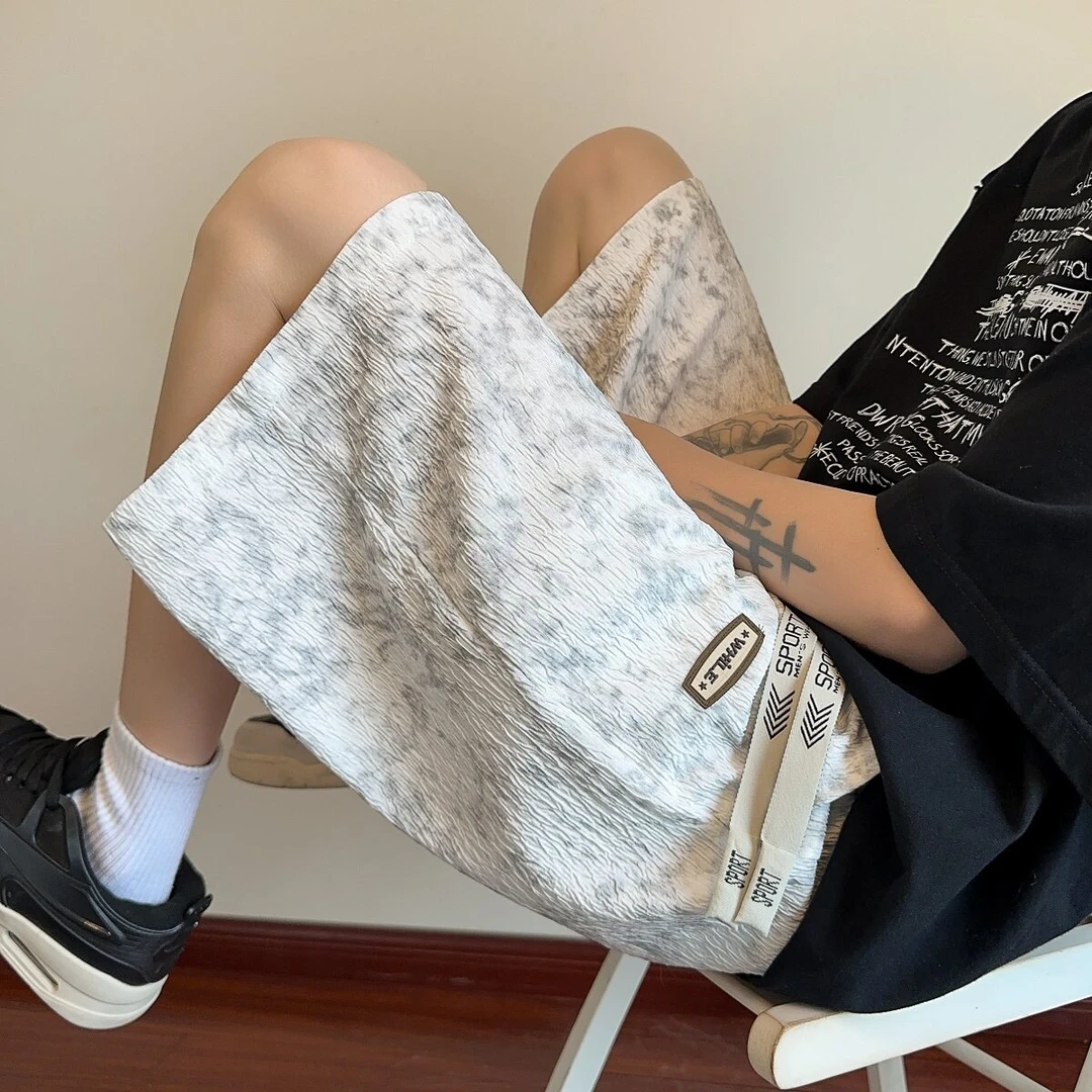 引创扎染速干短裤男透气2025夏季美式冰丝宽松直筒休闲五分短裤男