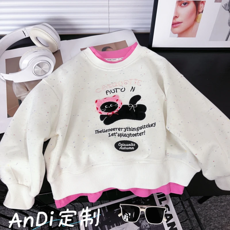 〖ANDI〗安迪订制秋季中大童女童韩系小猫假两件卫衣4709