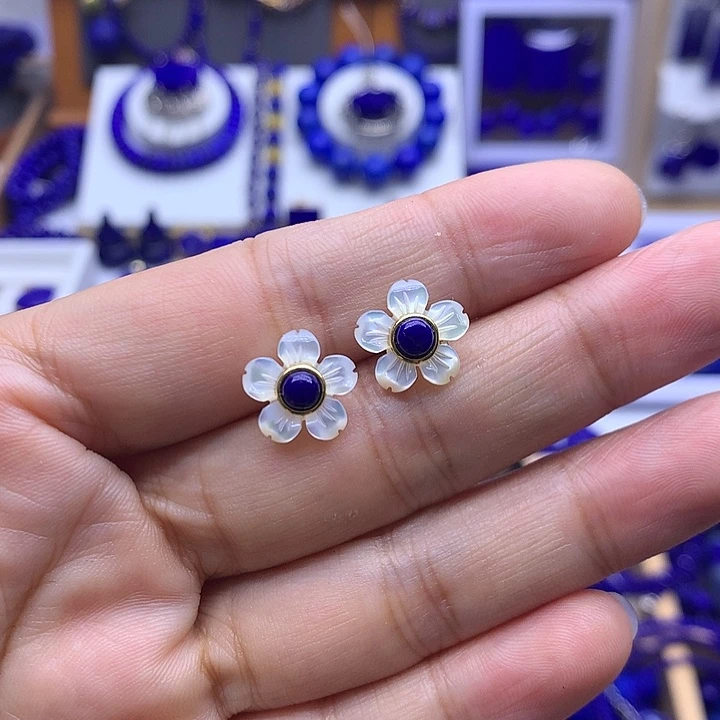 青金石银S925镀金镶嵌耳钉