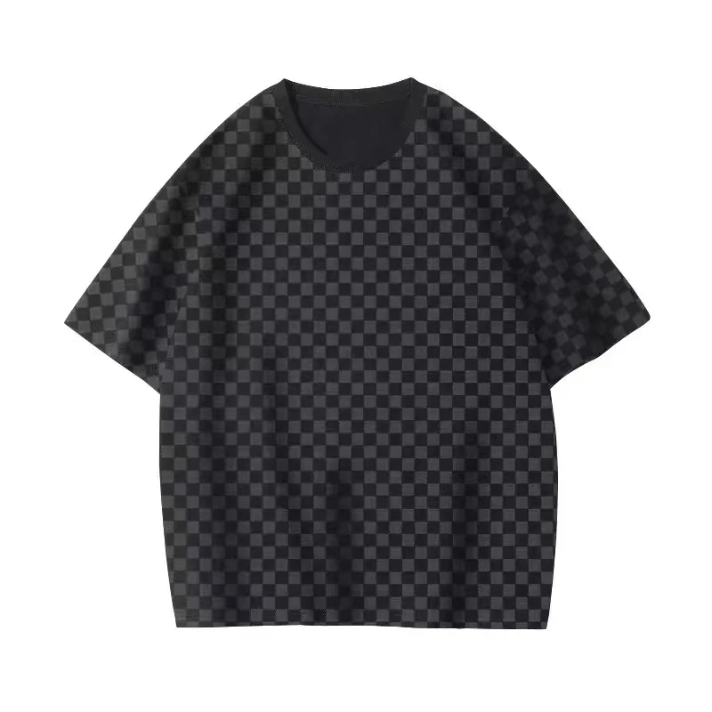 棋盘格夏季短袖几何冰丝凉感打底T恤印花男装
