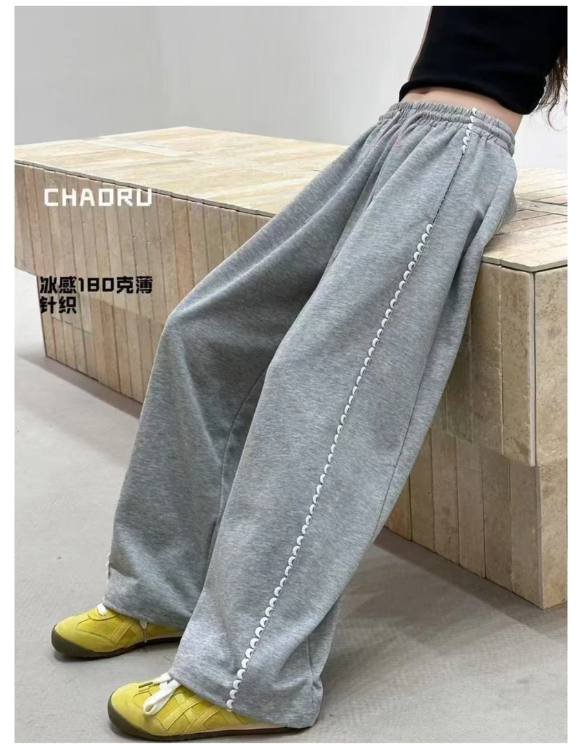 大裤腿女童灰色花边夏款休闲运动裤