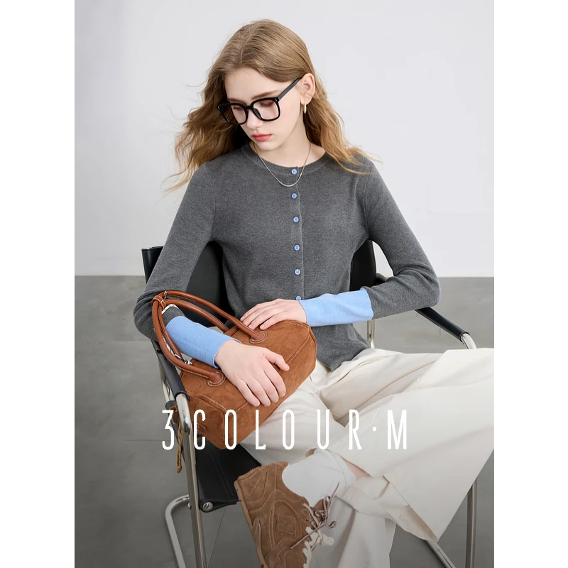 三彩2025春季新款撞色针织衫圆领修身毛衣开衫长袖休闲设计感M