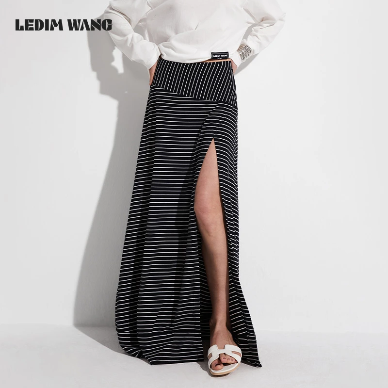 LEDIM WANG【淡人】黑色条纹针织半身裙女设计感小众高腰开叉半裙