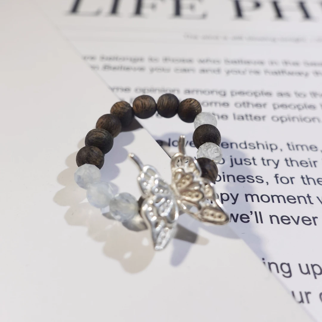 非金属木质戒指 【喜福集】银蝶百搭文玩戒指 原创小众复古叠搭戒指