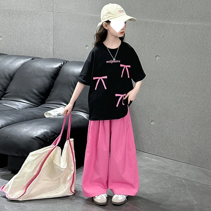 女童夏装短袖T恤阔腿裤两件套2025新款大童韩版宽松上衣长裤套装