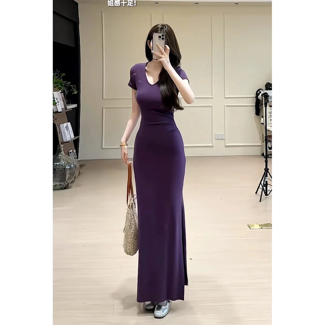 紫罗兰调御姐气质收腰夏季V领开叉后妈裙2025新款爆款显瘦连衣裙