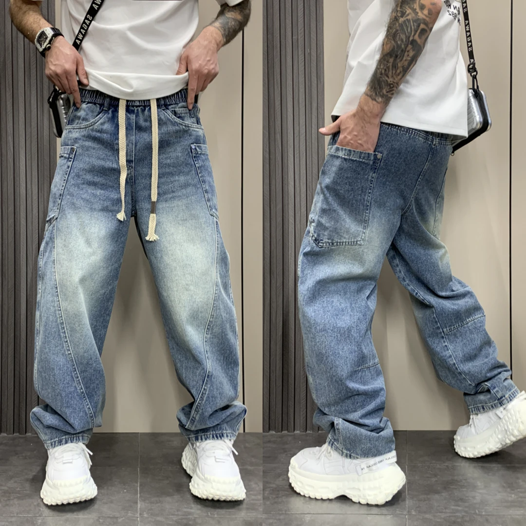 新款牛仔裤男士美式街头水洗阔腿裤潮牌宽松高街直筒裤宽松弯刀裤
